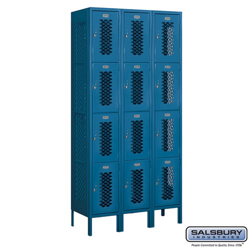 12" Wide Four Tier Vented Metal Locker - 3 Wide - 6 Feet High - 15 Inches Deep