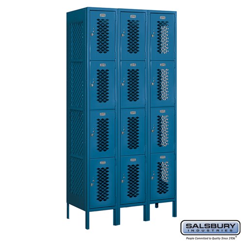 12" Wide Four Tier Vented Metal Locker - 3 Wide - 6 Feet High - 18 Inches Deep